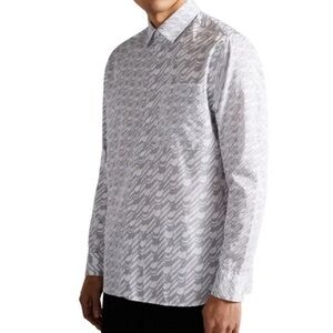 Ted Baker Button Down Retro Grey White Long Sleeve Shirt Size 7/XL NWT